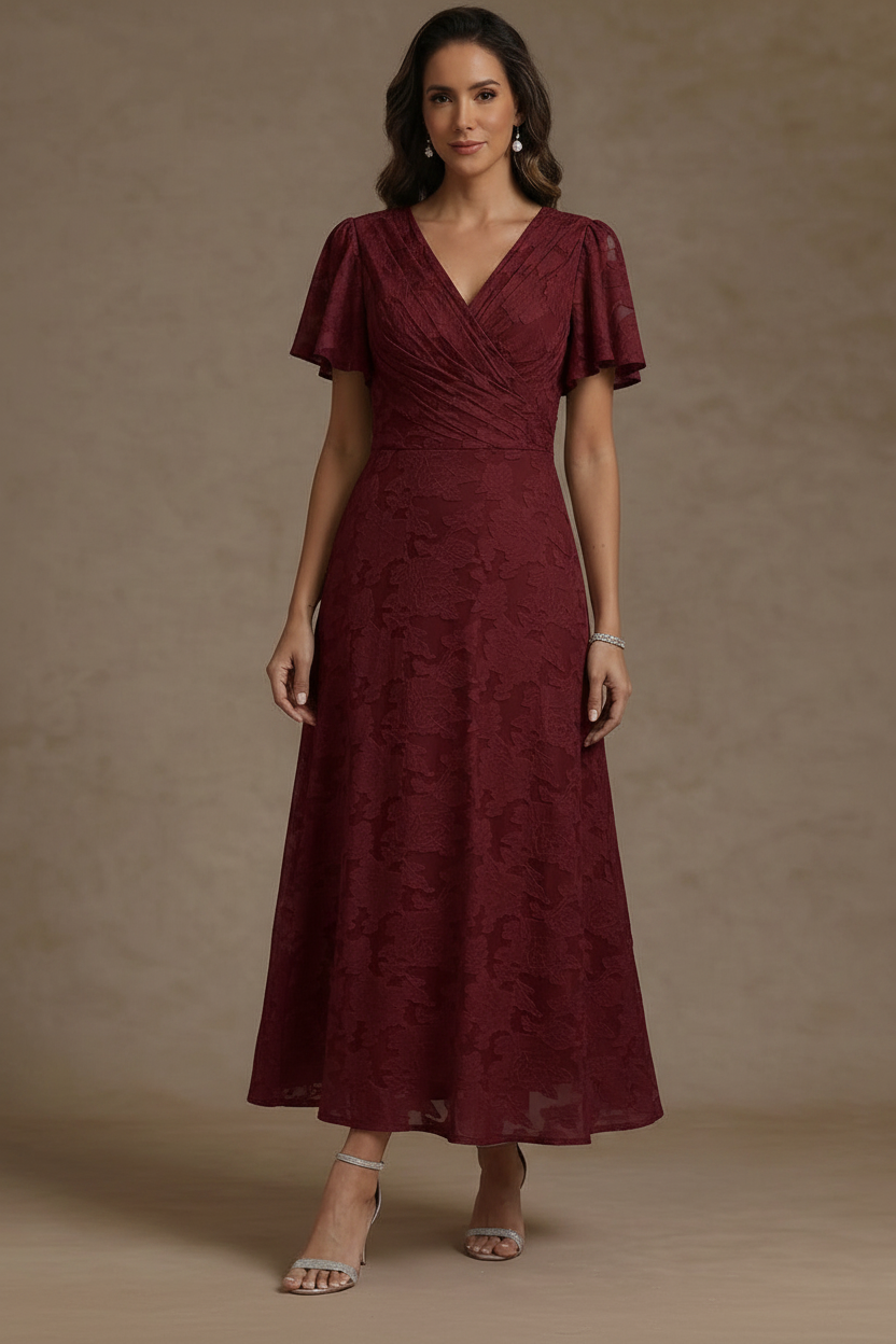 A-Line/Princess V-Neck Floral Burnout Mother of the Bride Dresses Short Sleeves Ankle-Length Ruched