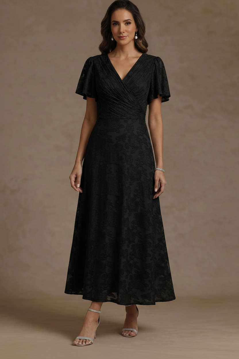 A-Line/Princess V-Neck Floral Burnout Mother of the Bride Dresses Short Sleeves Ankle-Length Ruched