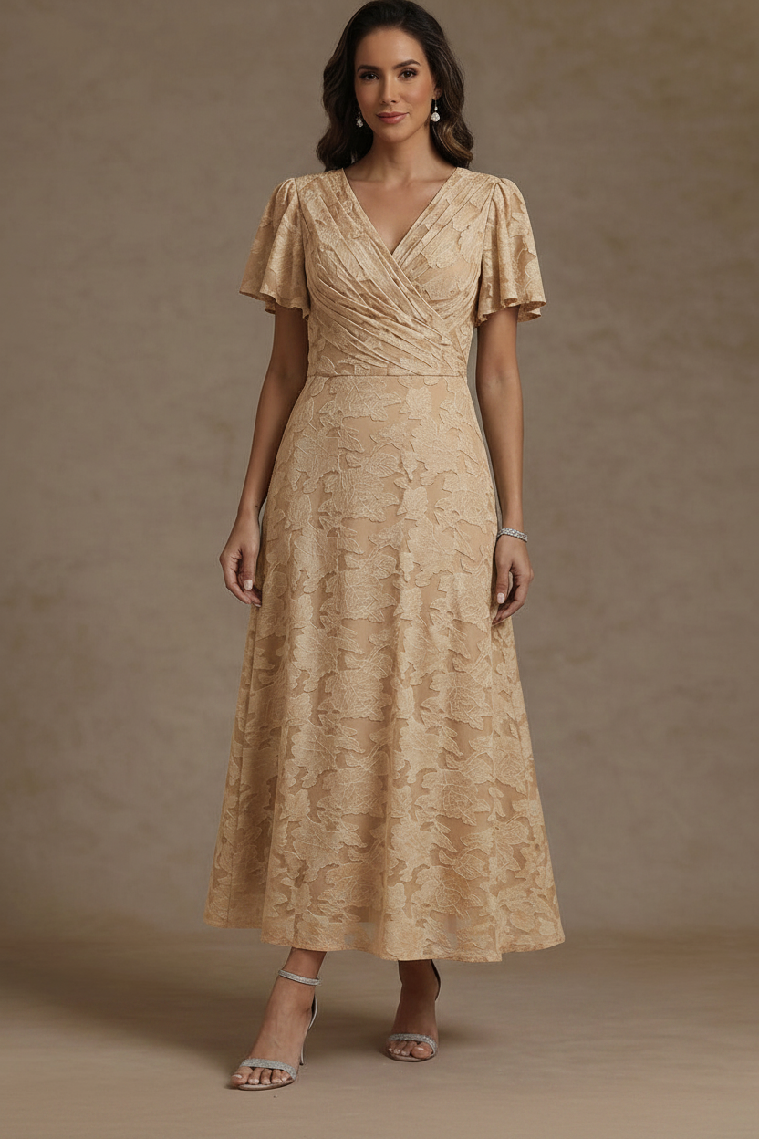 A-Line/Princess V-Neck Floral Burnout Mother of the Bride Dresses Short Sleeves Ankle-Length Ruched