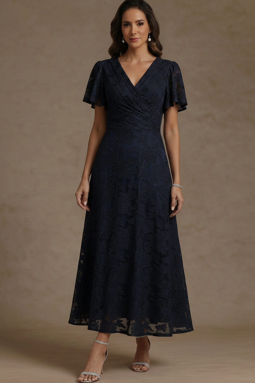 A-Line/Princess V-Neck Floral Burnout Mother of the Bride Dresses Short Sleeves Ankle-Length Ruched