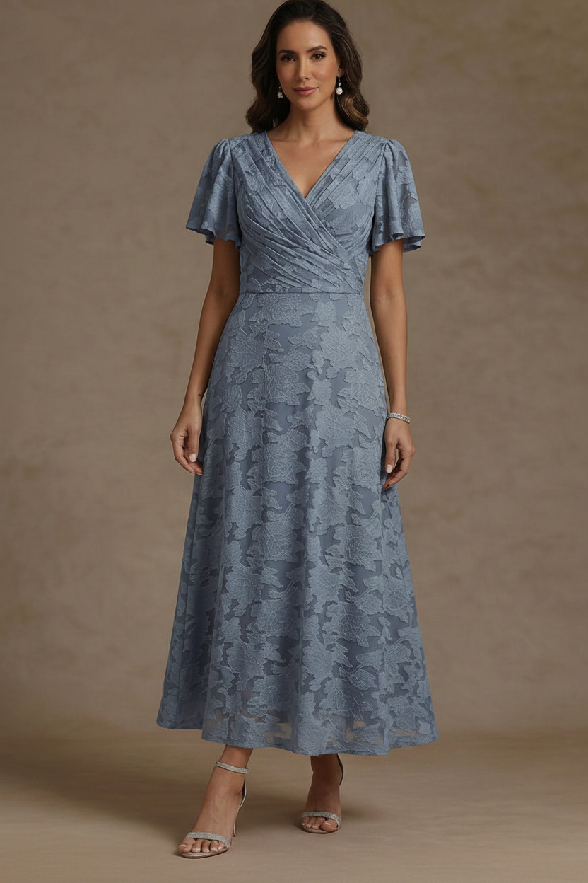 A-Line/Princess V-Neck Floral Burnout Mother of the Bride Dresses Short Sleeves Ankle-Length Ruched