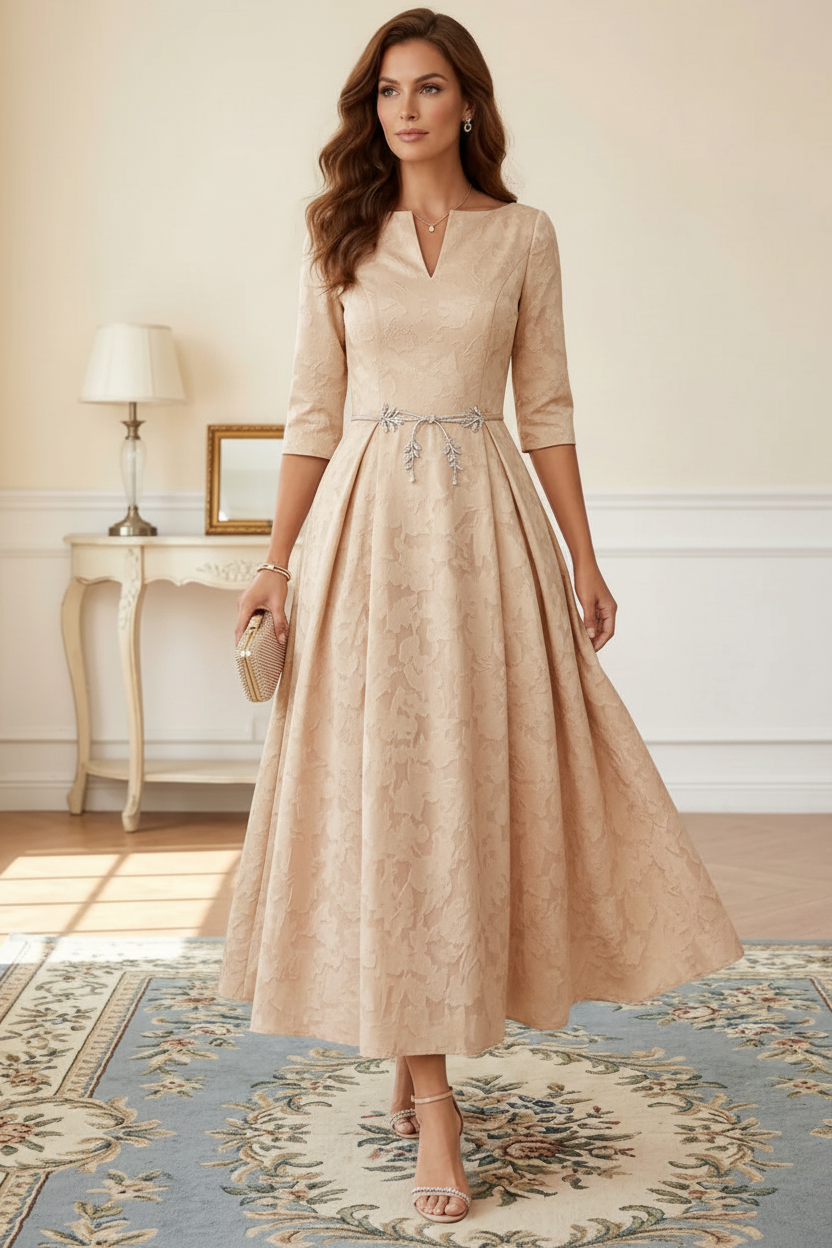 A-Line/Princess V-Neck Floral Burnout Mother of the Bride Dresses Tea-Length 3/4 Sleeves Belt