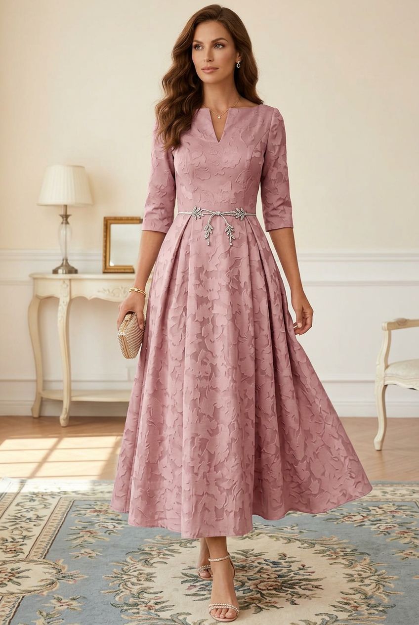 A-Line/Princess V-Neck Floral Burnout Mother of the Bride Dresses Tea-Length 3/4 Sleeves Belt