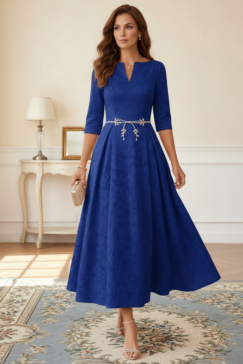 A-Line/Princess V-Neck Floral Burnout Mother of the Bride Dresses Tea-Length 3/4 Sleeves Belt