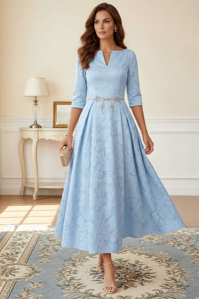 A-Line/Princess V-Neck Floral Burnout Mother of the Bride Dresses Tea-Length 3/4 Sleeves Belt