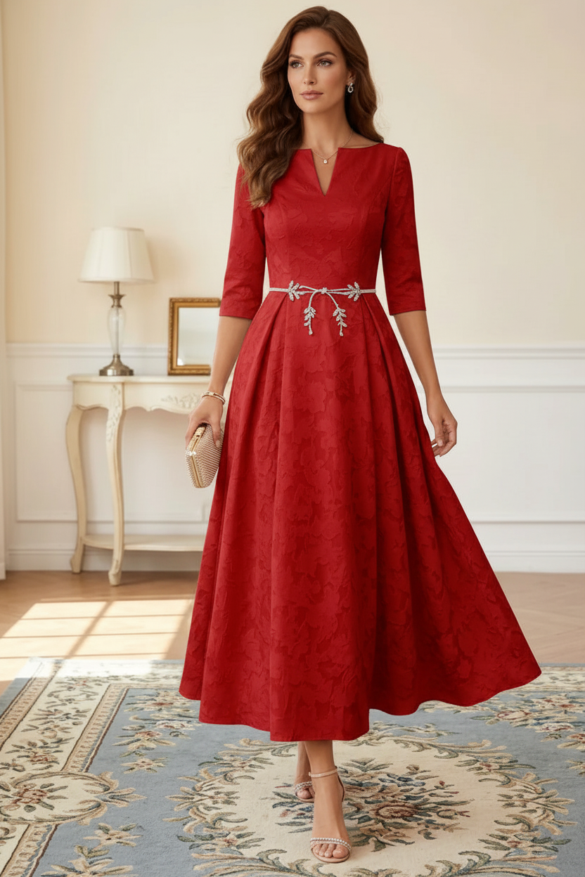A-Line/Princess V-Neck Floral Burnout Mother of the Bride Dresses Tea-Length 3/4 Sleeves Belt