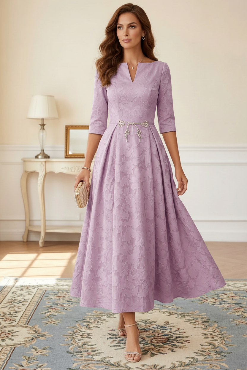 A-Line/Princess V-Neck Floral Burnout Mother of the Bride Dresses Tea-Length 3/4 Sleeves Belt