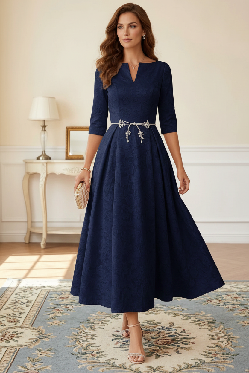 A-Line/Princess V-Neck Floral Burnout Mother of the Bride Dresses Tea-Length 3/4 Sleeves Belt