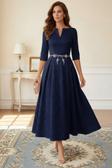 A-Line/Princess V-Neck Floral Burnout Mother of the Bride Dresses Tea-Length 3/4 Sleeves Belt