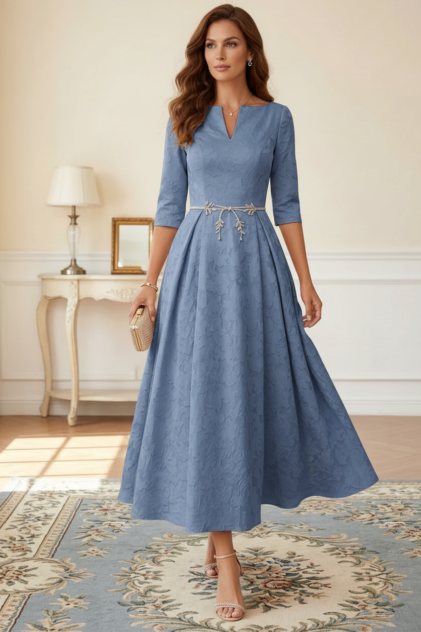 A-Line/Princess V-Neck Floral Burnout Mother of the Bride Dresses Tea-Length 3/4 Sleeves Belt