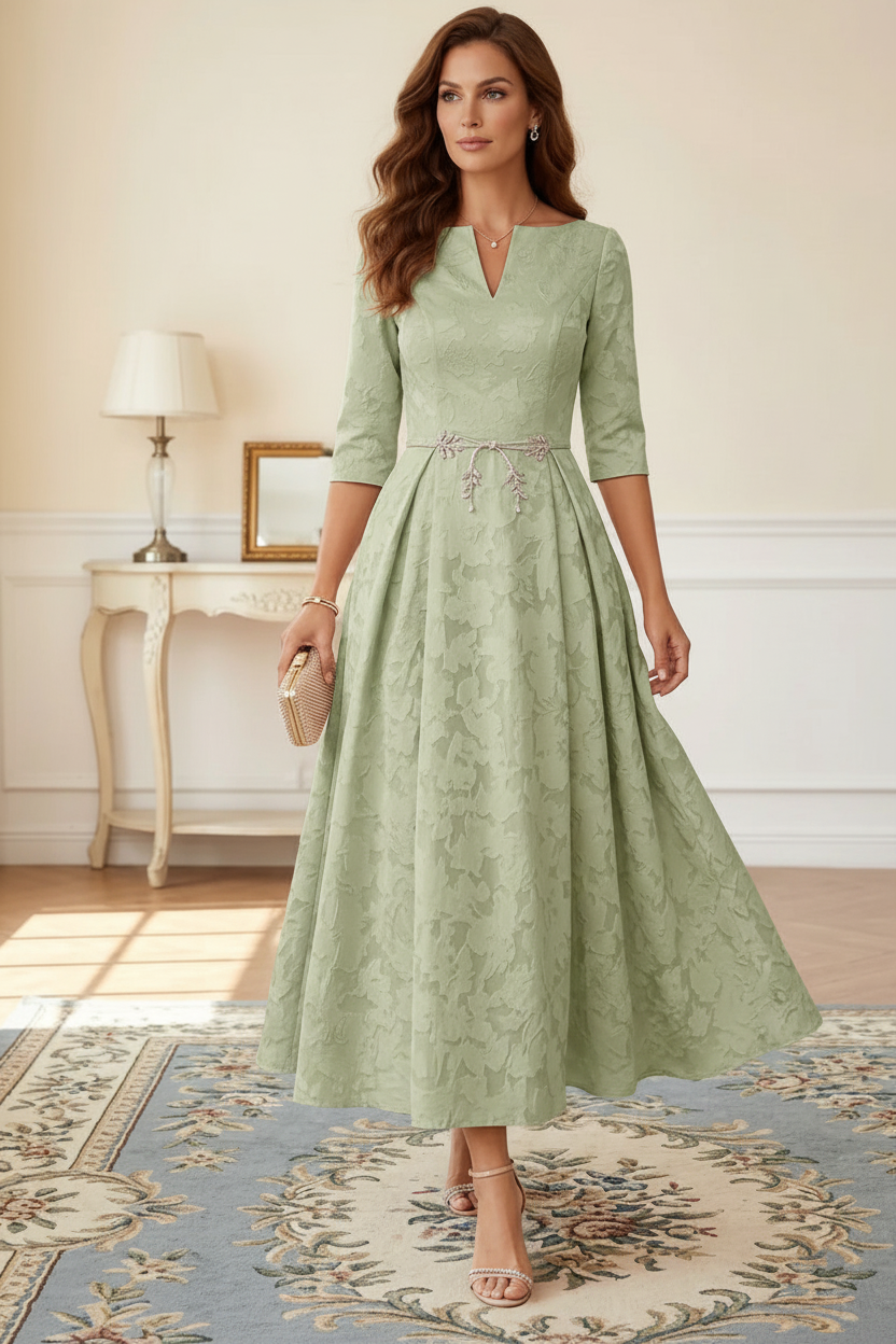 A-Line/Princess V-Neck Floral Burnout Mother of the Bride Dresses Tea-Length 3/4 Sleeves Belt