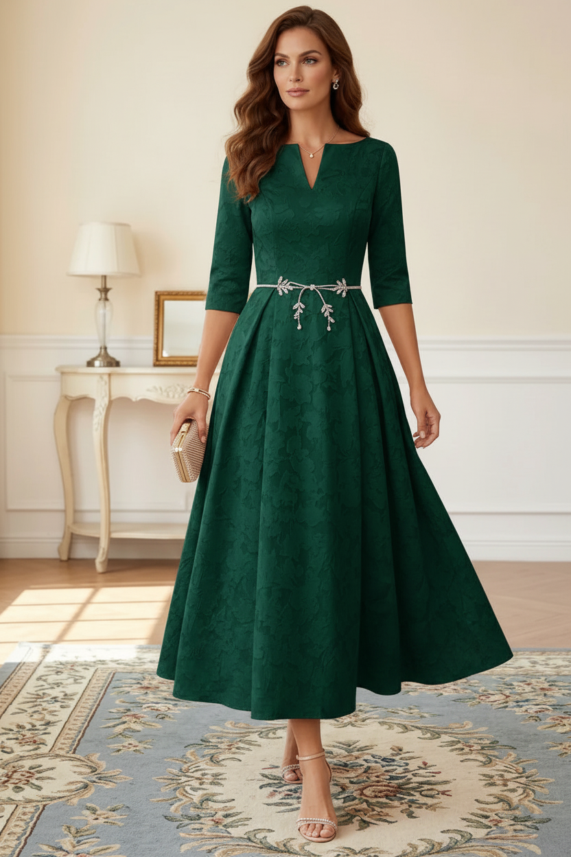 A-Line/Princess V-Neck Floral Burnout Mother of the Bride Dresses Tea-Length 3/4 Sleeves Belt