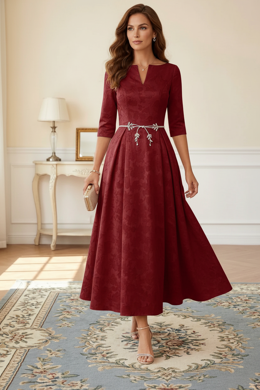 A-Line/Princess V-Neck Floral Burnout Mother of the Bride Dresses Tea-Length 3/4 Sleeves Belt