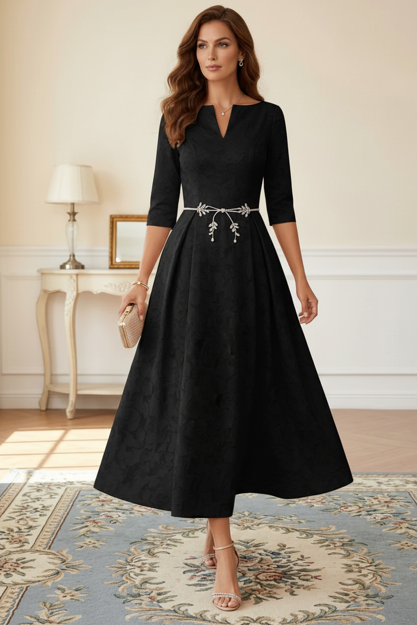 A-Line/Princess V-Neck Floral Burnout Mother of the Bride Dresses Tea-Length 3/4 Sleeves Belt
