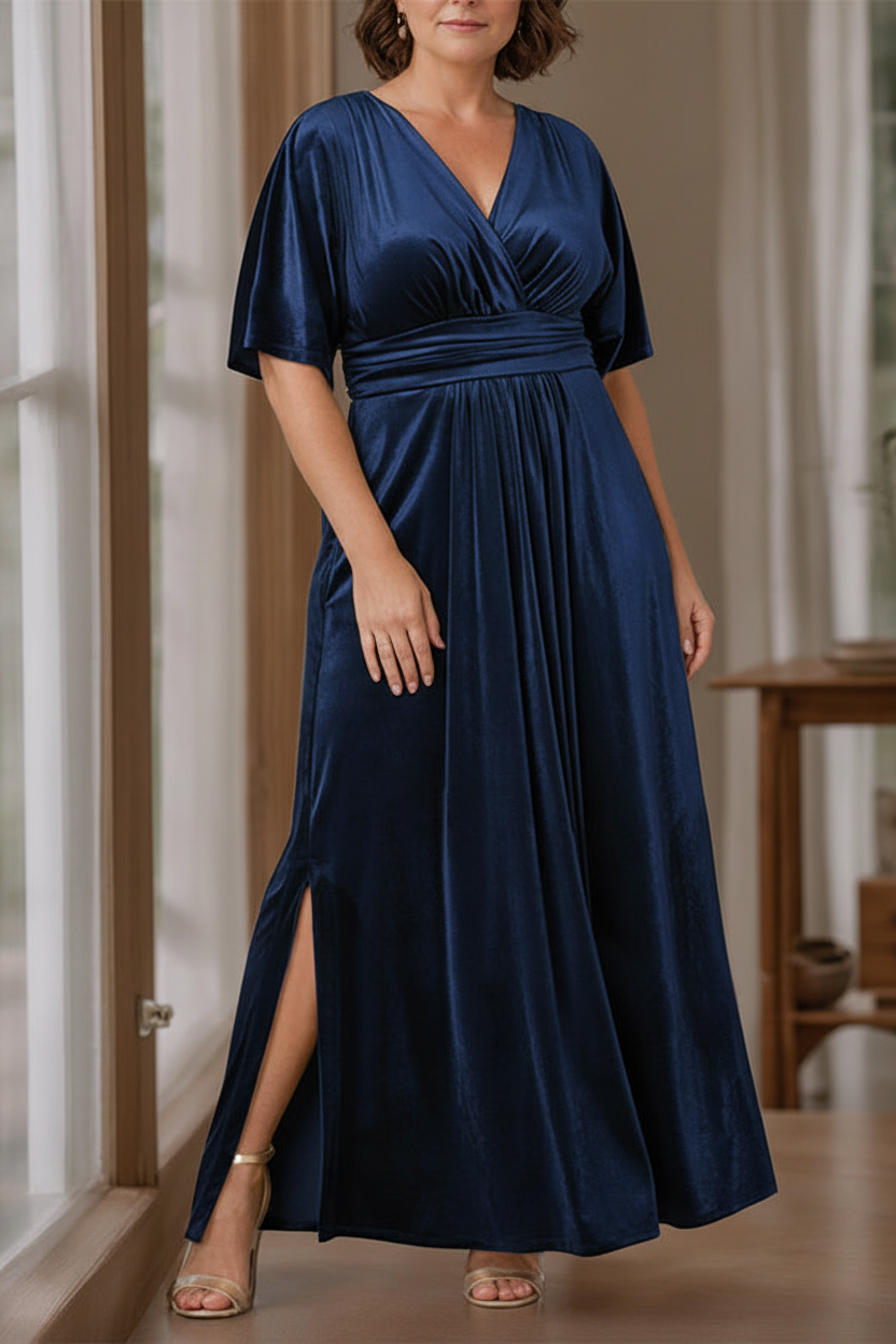 A-Line/Princess V-Neck Half Sleeves Floor-Length Plus Size Velvet Mother of the Bride Dresses with Ruffles