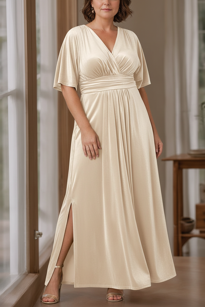 A-Line/Princess V-Neck Half Sleeves Floor-Length Plus Size Velvet Mother of the Bride Dresses with Ruffles