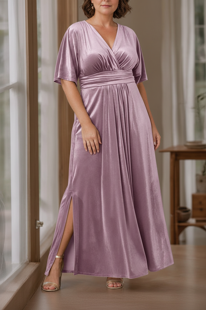 A-Line/Princess V-Neck Half Sleeves Floor-Length Plus Size Velvet Mother of the Bride Dresses with Ruffles
