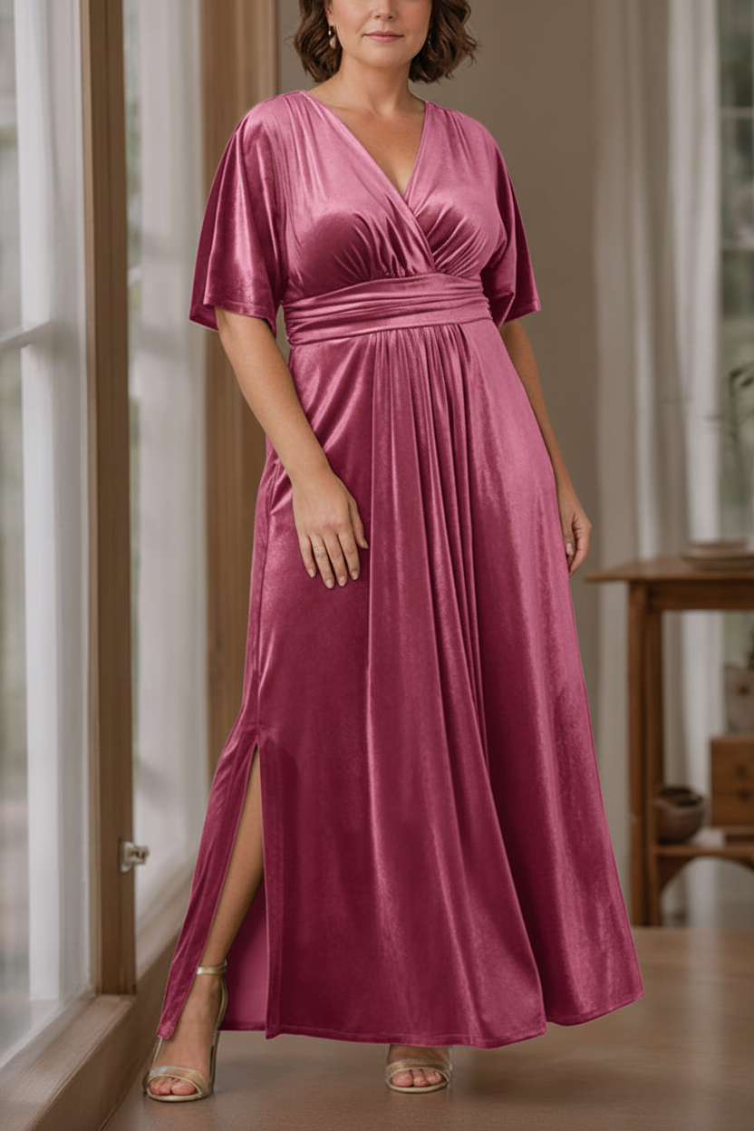 A-Line/Princess V-Neck Half Sleeves Floor-Length Plus Size Velvet Mother of the Bride Dresses with Ruffles