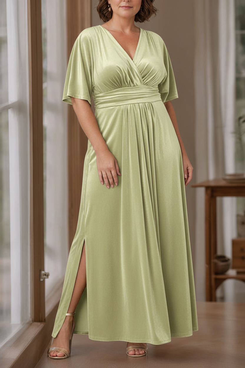 A-Line/Princess V-Neck Half Sleeves Floor-Length Plus Size Velvet Mother of the Bride Dresses with Ruffles