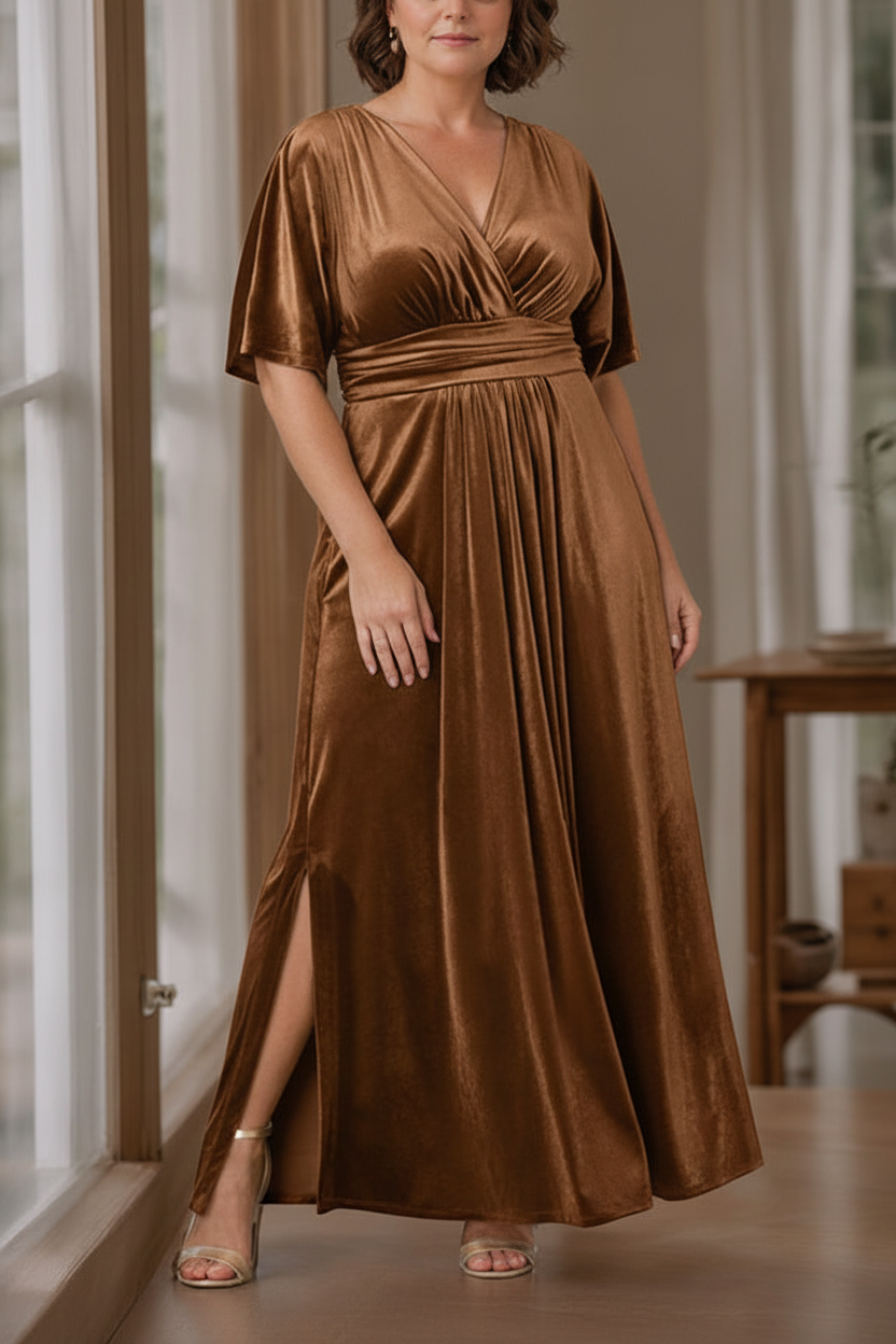 A-Line/Princess V-Neck Half Sleeves Floor-Length Plus Size Velvet Mother of the Bride Dresses with Ruffles