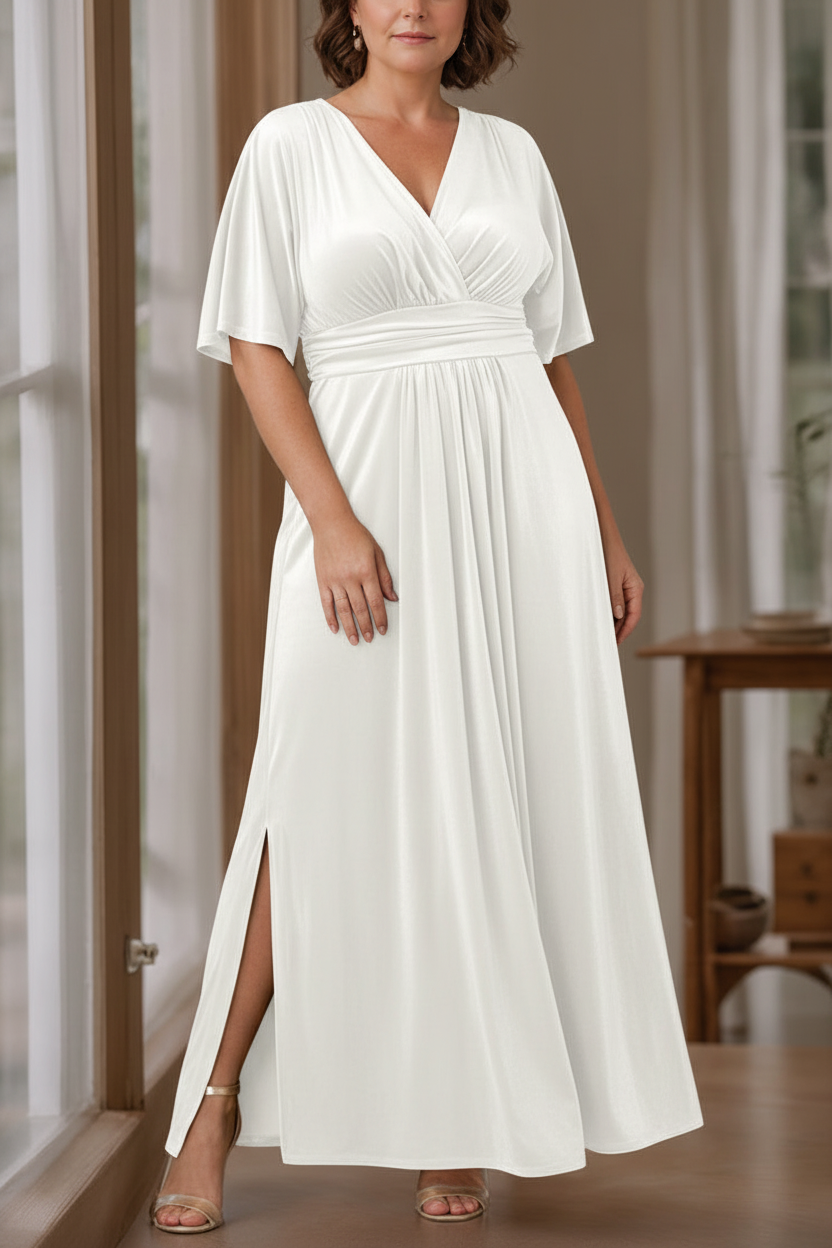 A-Line/Princess V-Neck Half Sleeves Floor-Length Plus Size Velvet Mother of the Bride Dresses with Ruffles
