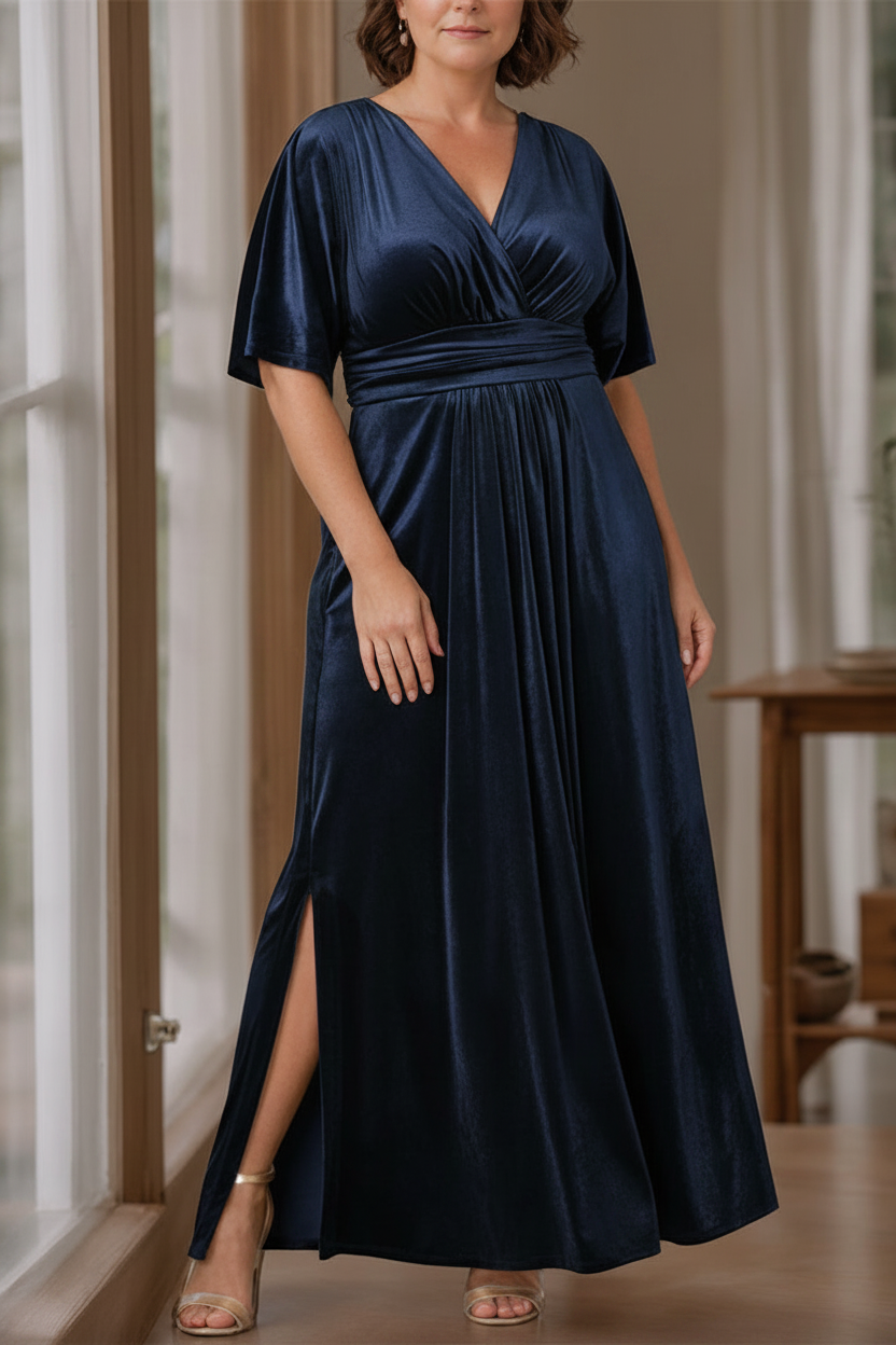 A-Line/Princess V-Neck Half Sleeves Floor-Length Plus Size Velvet Mother of the Bride Dresses with Ruffles