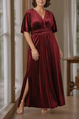 A-Line/Princess V-Neck Half Sleeves Floor-Length Plus Size Velvet Mother of the Bride Dresses with Ruffles