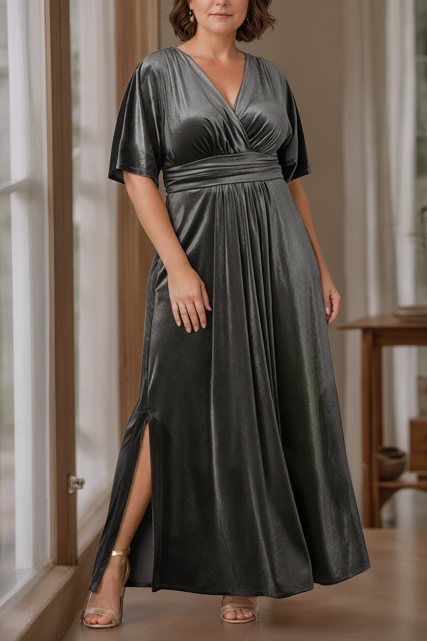 A-Line/Princess V-Neck Half Sleeves Floor-Length Plus Size Velvet Mother of the Bride Dresses with Ruffles