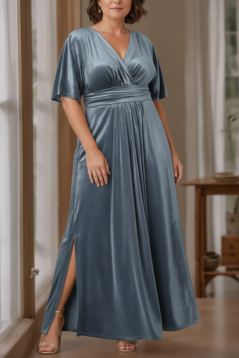 A-Line/Princess V-Neck Half Sleeves Floor-Length Plus Size Velvet Mother of the Bride Dresses with Ruffles