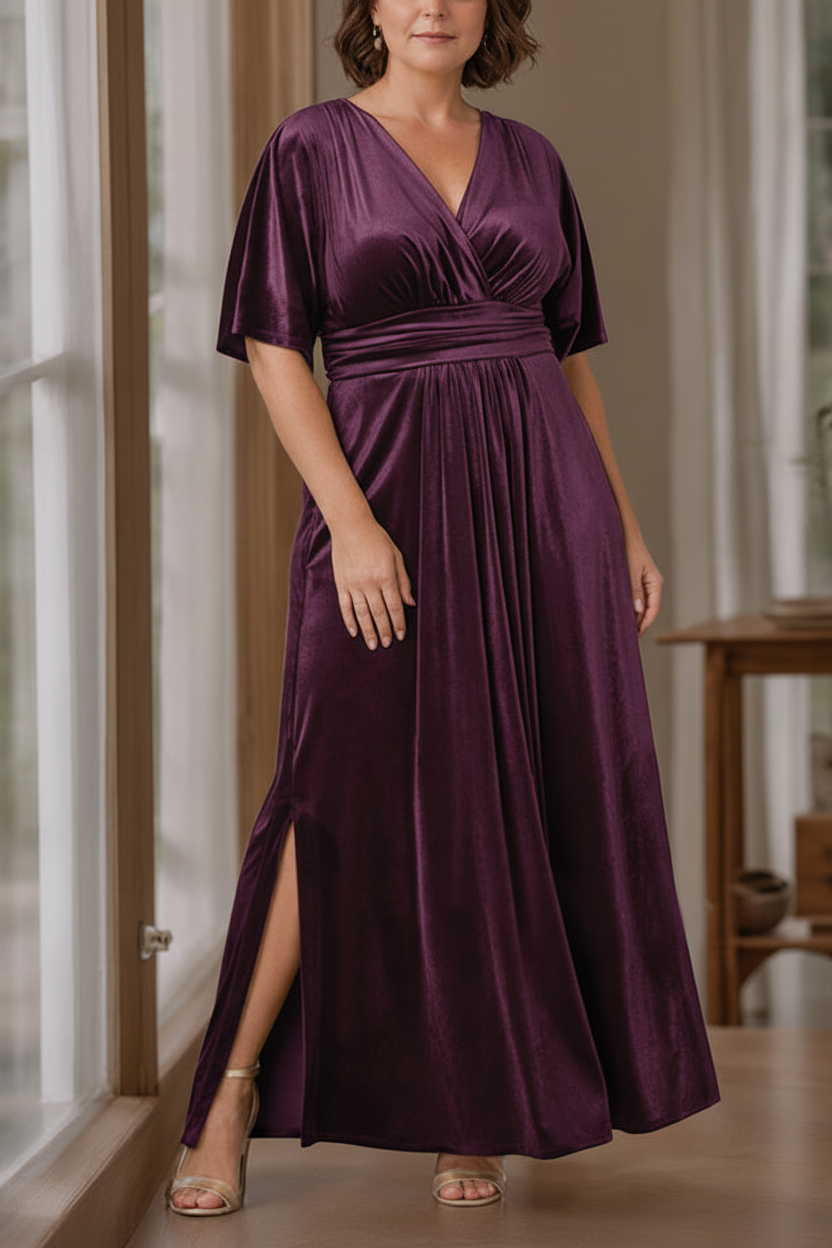 A-Line/Princess V-Neck Half Sleeves Floor-Length Plus Size Velvet Mother of the Bride Dresses with Ruffles