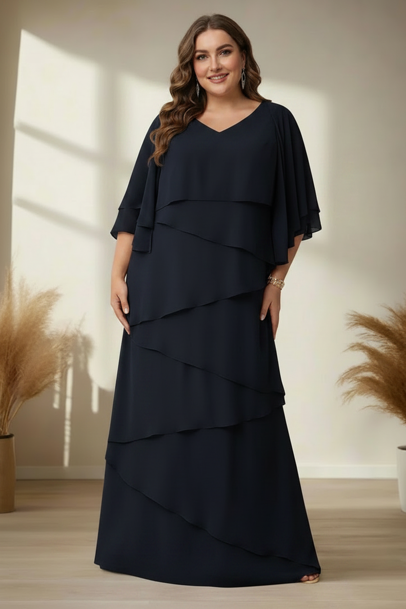 A-Line/Princess V-Neck Half Sleeves Floor-Length Regular & Plus Size Mother of the Bride Dresses with Ruffles