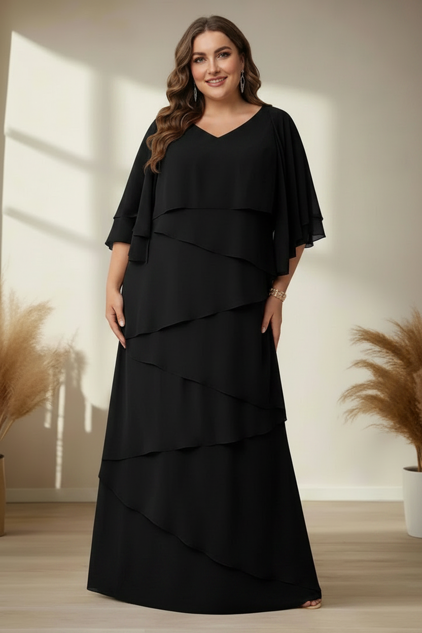 A-Line/Princess V-Neck Half Sleeves Floor-Length Regular & Plus Size Mother of the Bride Dresses with Ruffles