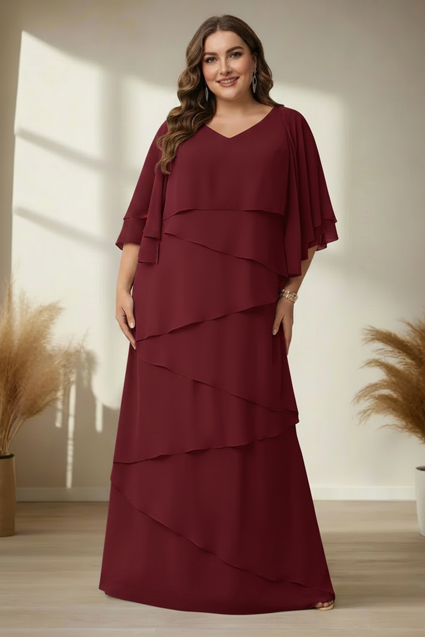 A-Line/Princess V-Neck Half Sleeves Floor-Length Regular & Plus Size Mother of the Bride Dresses with Ruffles