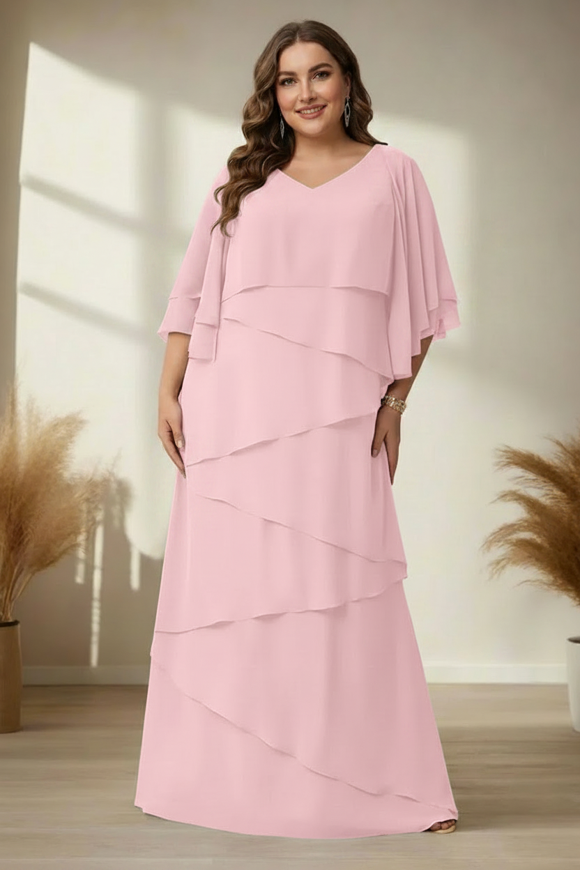 A-Line/Princess V-Neck Half Sleeves Floor-Length Regular & Plus Size Mother of the Bride Dresses with Ruffles