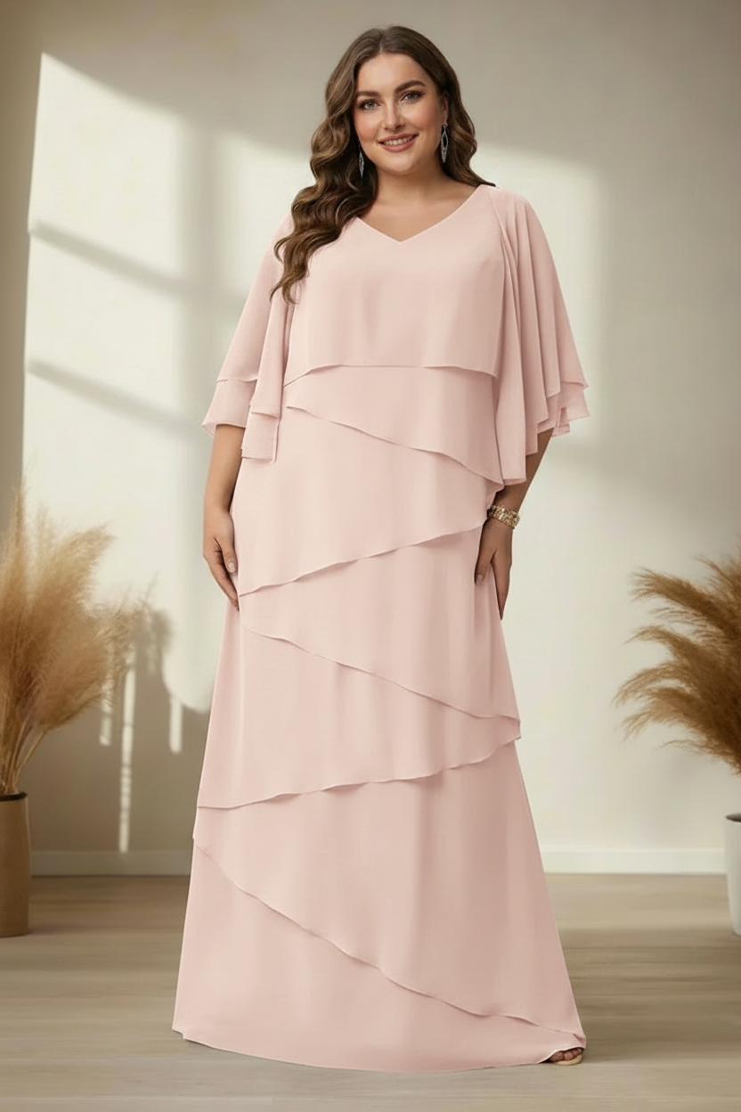 A-Line/Princess V-Neck Half Sleeves Floor-Length Regular & Plus Size Mother of the Bride Dresses with Ruffles