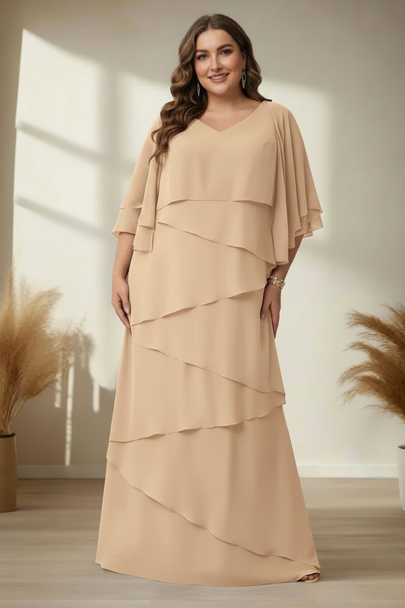 A-Line/Princess V-Neck Half Sleeves Floor-Length Regular & Plus Size Mother of the Bride Dresses with Ruffles