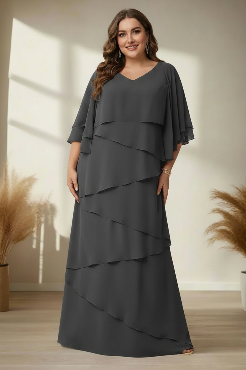 A-Line/Princess V-Neck Half Sleeves Floor-Length Regular & Plus Size Mother of the Bride Dresses with Ruffles