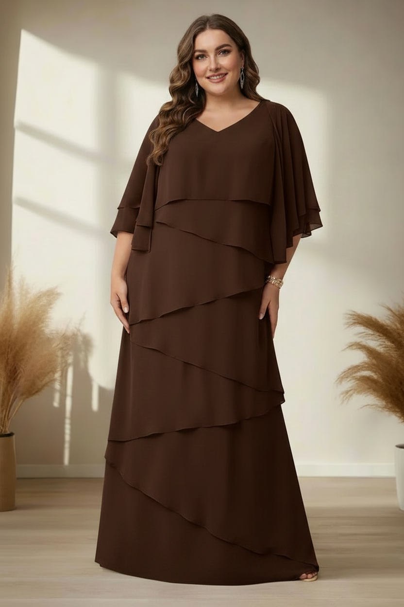 A-Line/Princess V-Neck Half Sleeves Floor-Length Regular & Plus Size Mother of the Bride Dresses with Ruffles