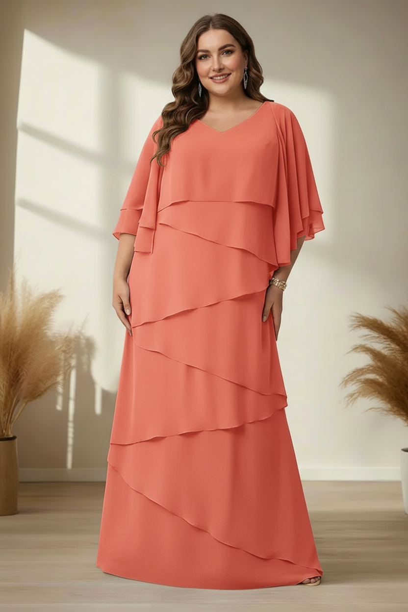 A-Line/Princess V-Neck Half Sleeves Floor-Length Regular & Plus Size Mother of the Bride Dresses with Ruffles