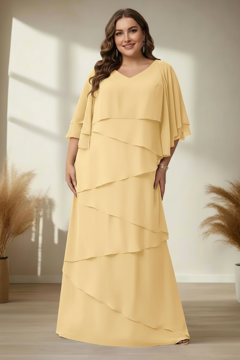 A-Line/Princess V-Neck Half Sleeves Floor-Length Regular & Plus Size Mother of the Bride Dresses with Ruffles