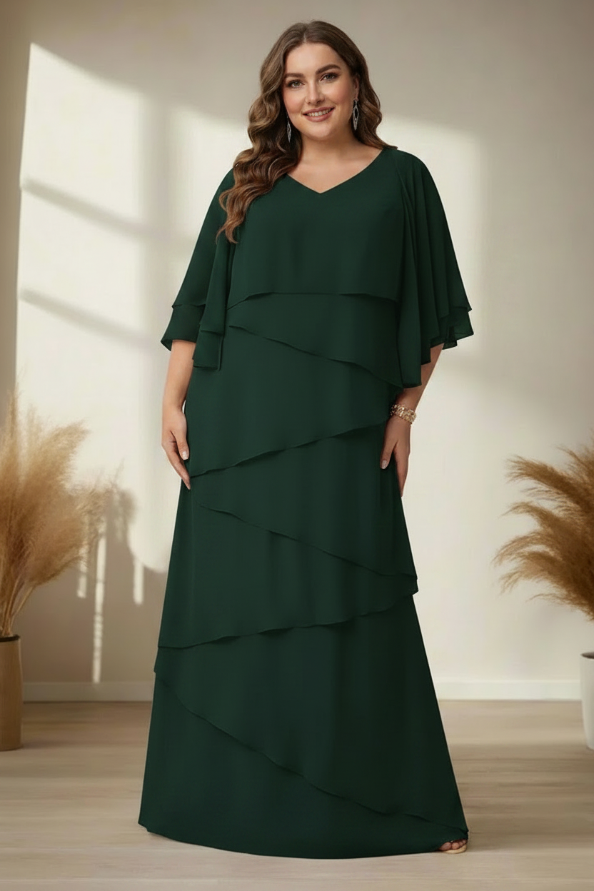 A-Line/Princess V-Neck Half Sleeves Floor-Length Regular & Plus Size Mother of the Bride Dresses with Ruffles