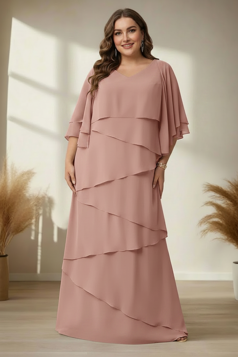A-Line/Princess V-Neck Half Sleeves Floor-Length Regular & Plus Size Mother of the Bride Dresses with Ruffles