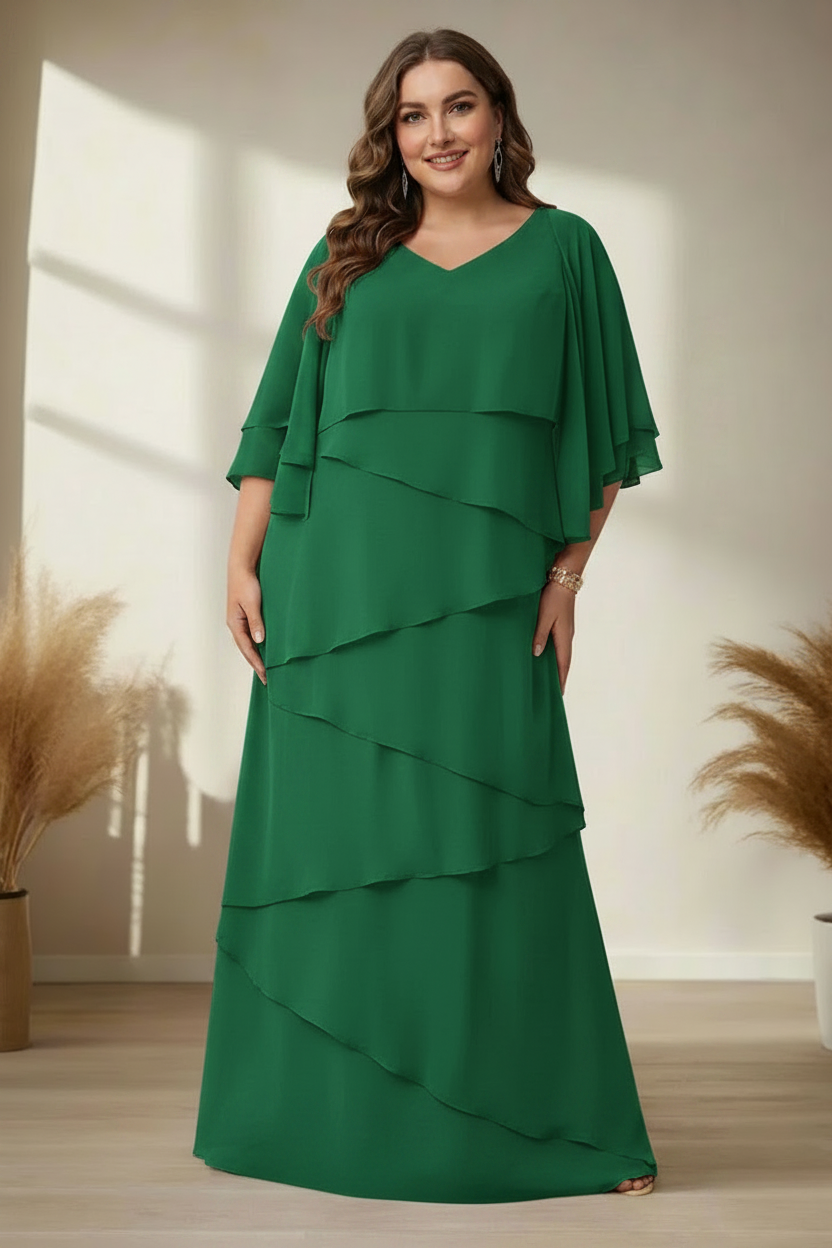 A-Line/Princess V-Neck Half Sleeves Floor-Length Regular & Plus Size Mother of the Bride Dresses with Ruffles