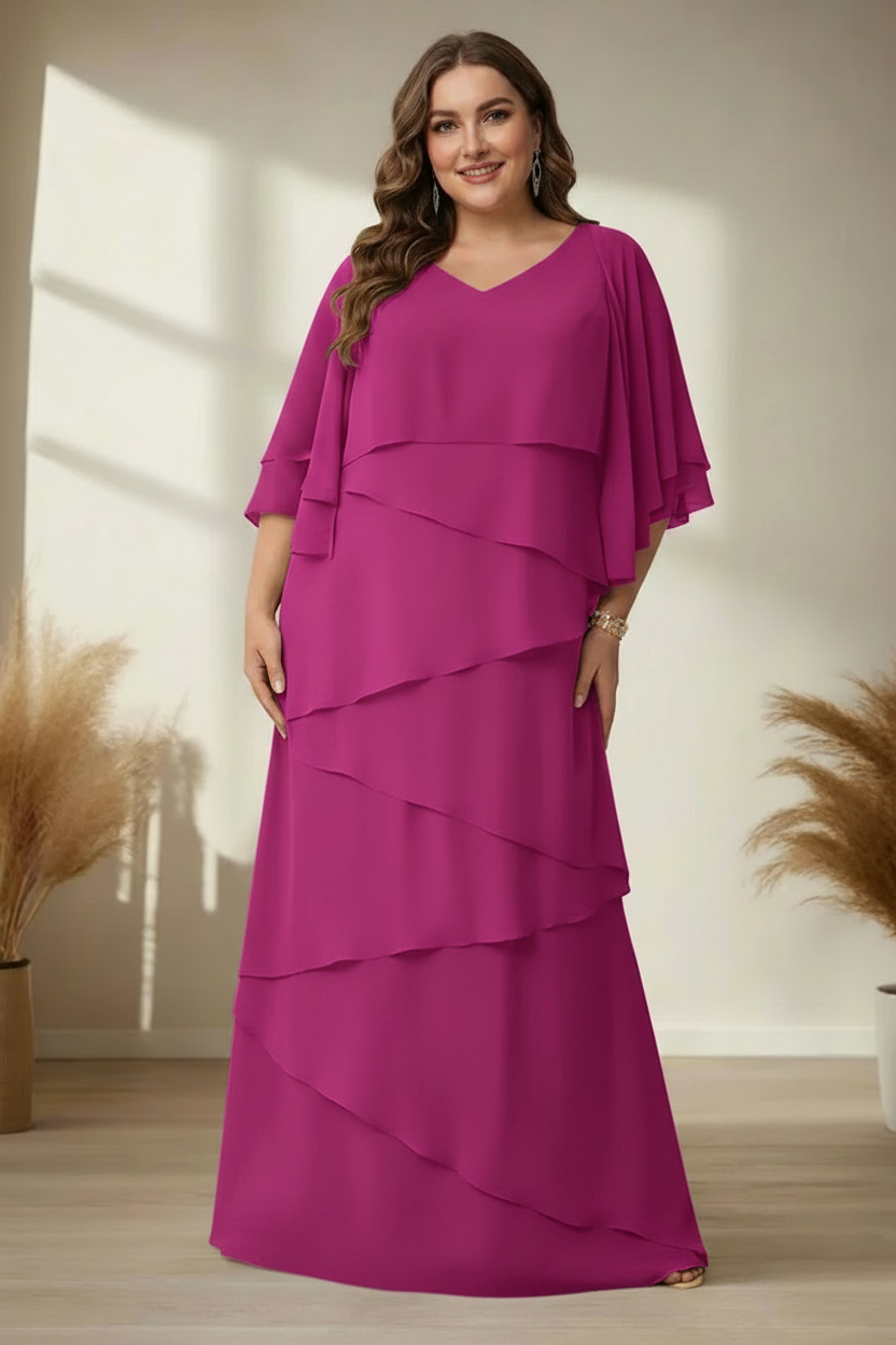 A-Line/Princess V-Neck Half Sleeves Floor-Length Regular & Plus Size Mother of the Bride Dresses with Ruffles