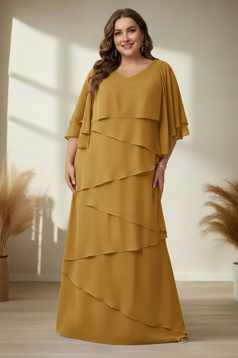 A-Line/Princess V-Neck Half Sleeves Floor-Length Regular & Plus Size Mother of the Bride Dresses with Ruffles
