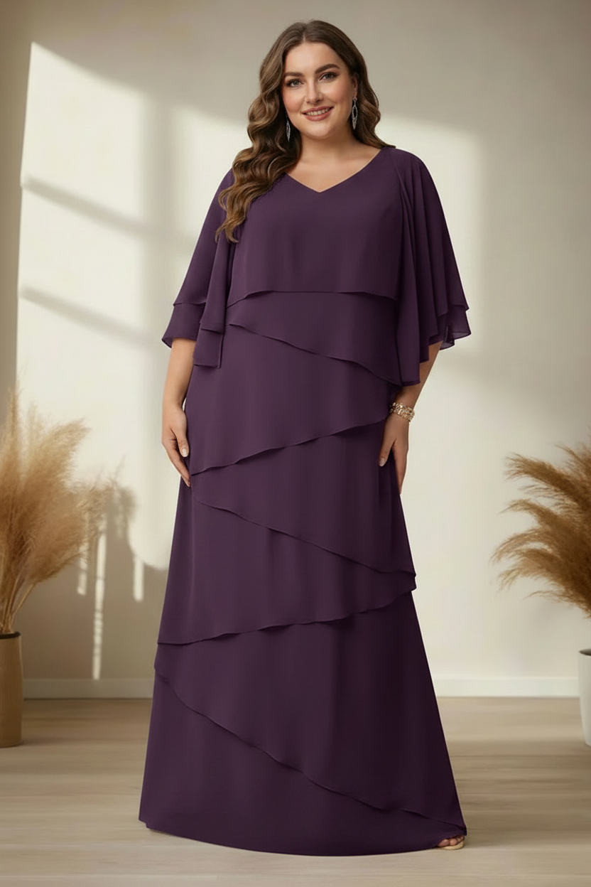 A-Line/Princess V-Neck Half Sleeves Floor-Length Regular & Plus Size Mother of the Bride Dresses with Ruffles