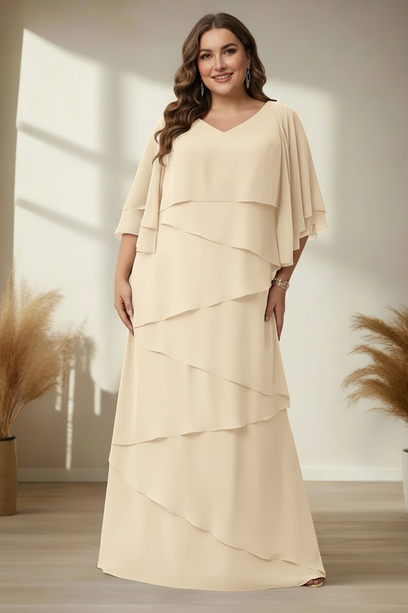 A-Line/Princess V-Neck Half Sleeves Floor-Length Regular & Plus Size Mother of the Bride Dresses with Ruffles