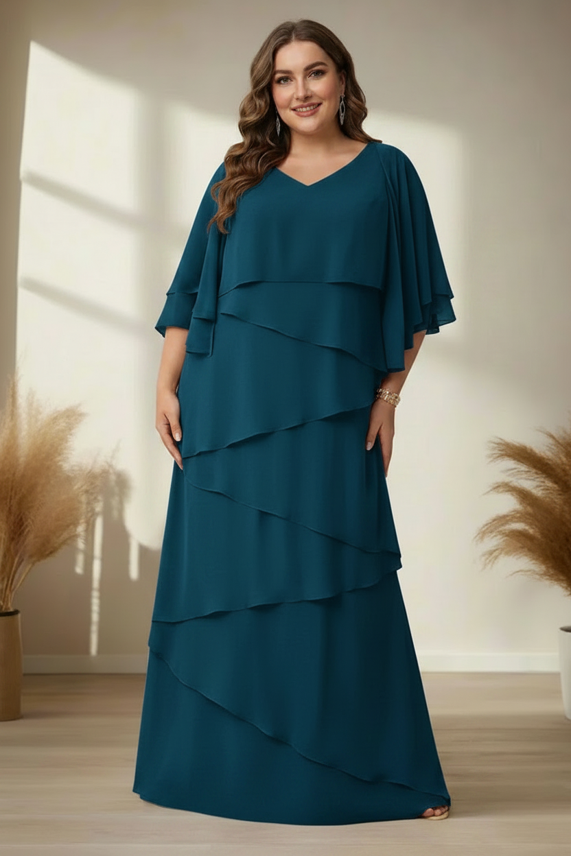 A-Line/Princess V-Neck Half Sleeves Floor-Length Regular & Plus Size Mother of the Bride Dresses with Ruffles