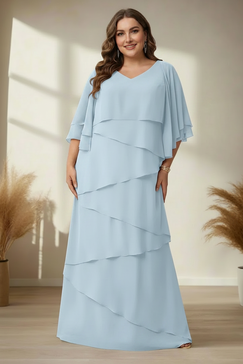 A-Line/Princess V-Neck Half Sleeves Floor-Length Regular & Plus Size Mother of the Bride Dresses with Ruffles