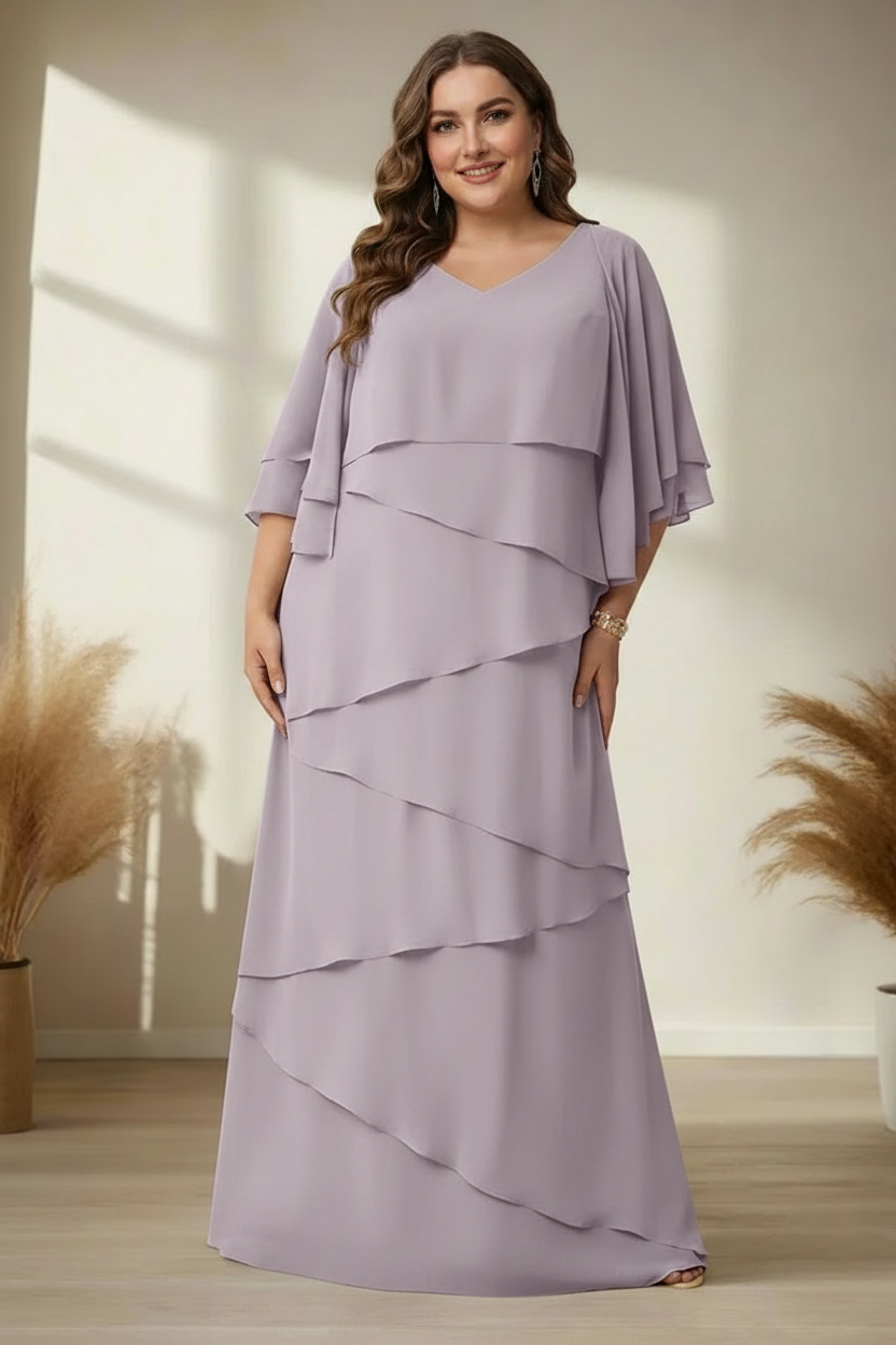 A-Line/Princess V-Neck Half Sleeves Floor-Length Regular & Plus Size Mother of the Bride Dresses with Ruffles